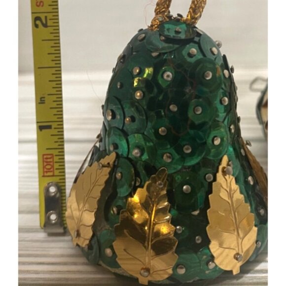Vintage Handmade Sequined Bell Ornaments Set Of 4 Gold & Green Christmas - Picture 6 of 6